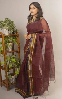 Handloom Sequence Border Cotton Silk Saree - Brown