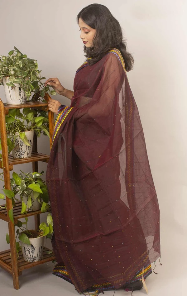 Handloom Sequence Border Cotton Silk Saree - Brown