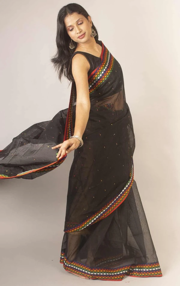 Handloom Sequence Border Cotton Silk Saree - Black