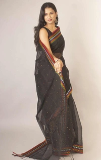 Handloom Sequence Border Cotton Silk Saree - Black