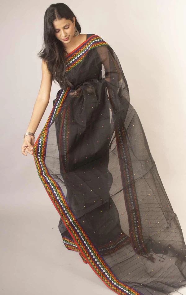 Handloom Sequence Border Cotton Silk Saree - Black