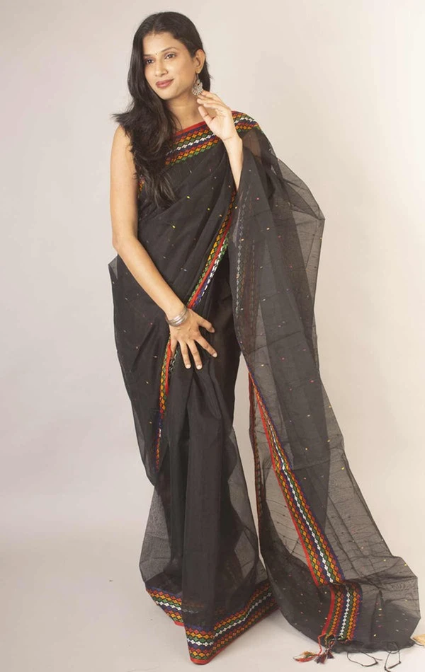 Handloom Sequence Border Cotton Silk Saree - Black