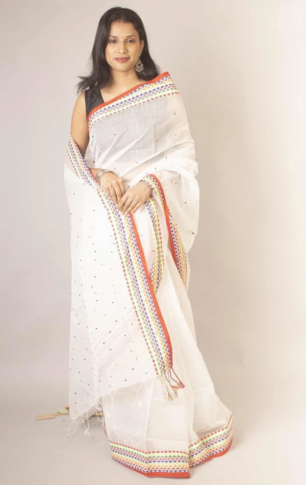 Handloom Sequence Border Cotton Silk Saree - White