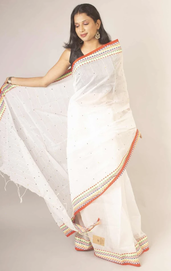 Handloom Sequence Border Cotton Silk Saree - White