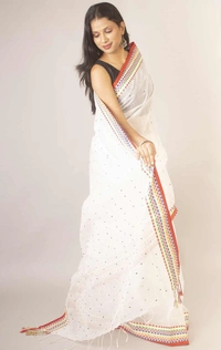 Handloom Sequence Border Cotton Silk Saree - White