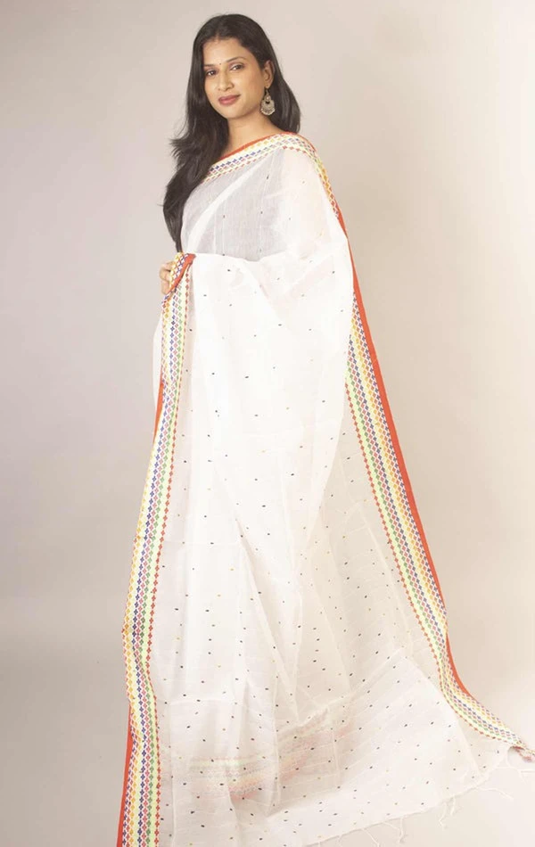 Handloom Sequence Border Cotton Silk Saree - White