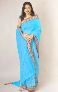 Handloom Sequence Border Cotton Silk Saree - Seagull