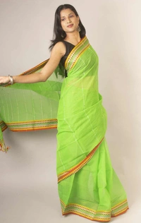Handloom Sequence Border Cotton Silk Saree - Granny Smith Apple
