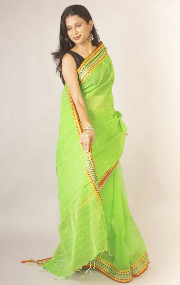 Handloom Sequence Border Cotton Silk Saree - Granny Smith Apple