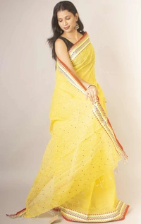 Handloom Sequence Border Cotton Silk Saree - Yellow
