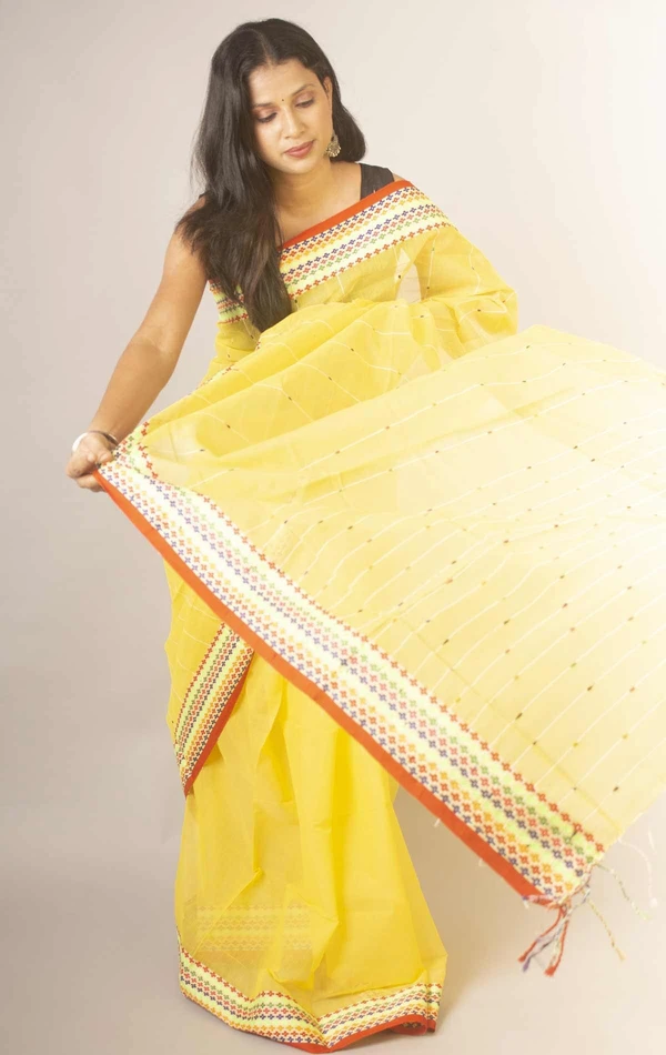 Handloom Sequence Border Cotton Silk Saree - Yellow