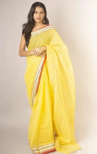 Handloom Sequence Border Cotton Silk Saree - Yellow