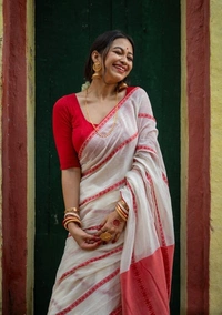 Handloom Jamdani Woven Cotton Saree - Free, White