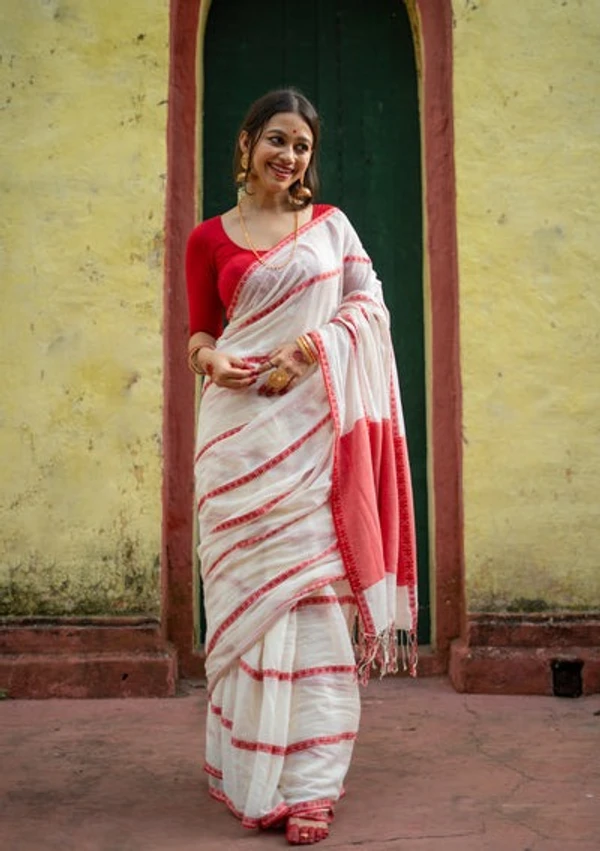 Handloom Jamdani Woven Cotton Saree - Free, White