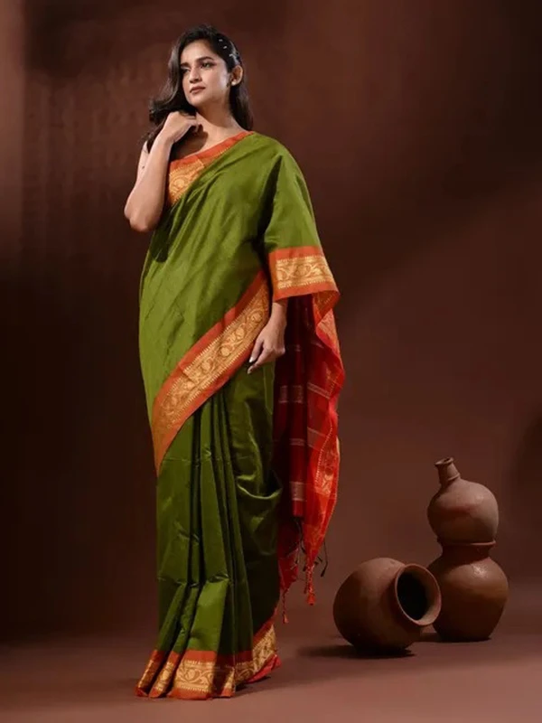 Handloom Naksha Border Cotton Silk Saree - Free, Sushi