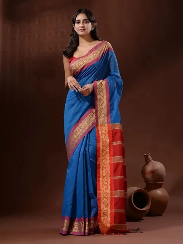 Handloom Naksha Border Cotton Silk Saree - Free, Royal Blue