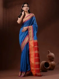 Handloom Naksha Border Cotton Silk Saree - Free, Royal Blue