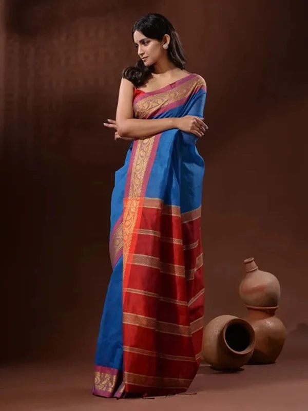 Handloom Naksha Border Cotton Silk Saree - Free, Royal Blue
