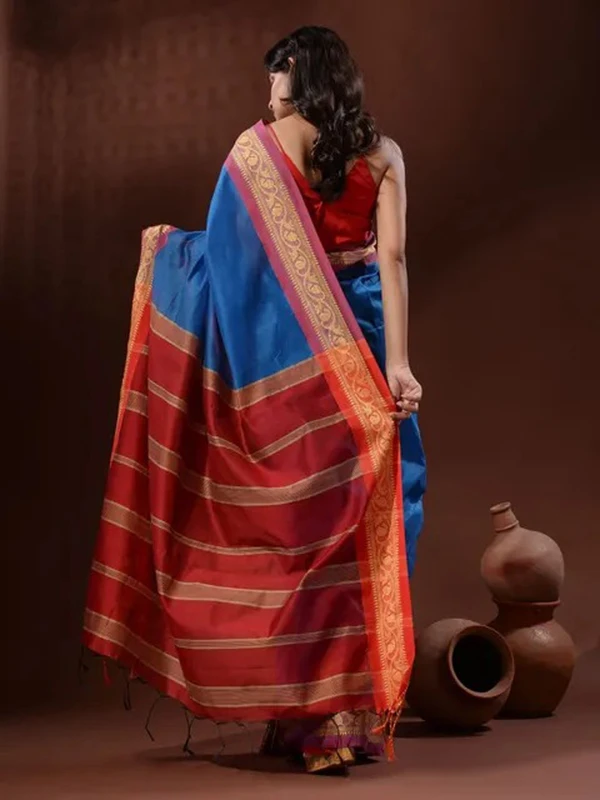 Handloom Naksha Border Cotton Silk Saree - Free, Royal Blue