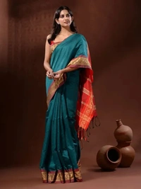 Handloom Naksha Border Cotton Silk Saree - Free, Sea Green