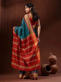 Handloom Naksha Border Cotton Silk Saree - Free, Sea Green