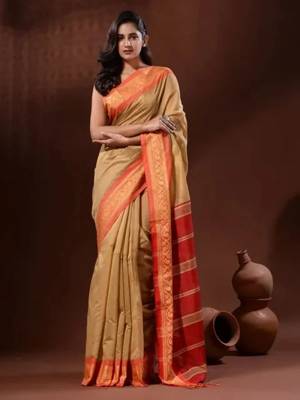 Handloom Naksha Border Cotton Silk Saree - Free, Beige