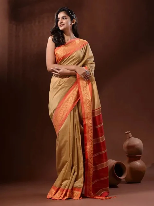 Handloom Naksha Border Cotton Silk Saree - Free, Beige