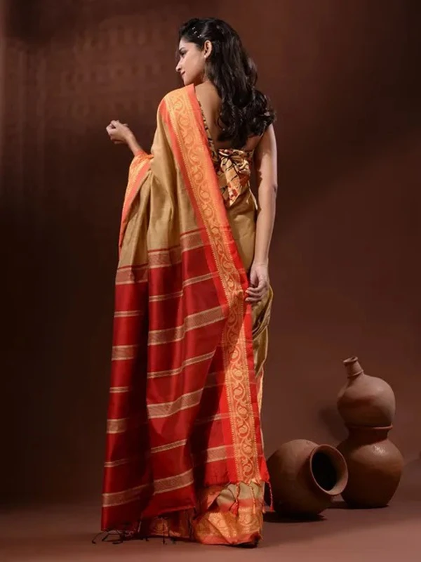 Handloom Naksha Border Cotton Silk Saree - Free, Beige