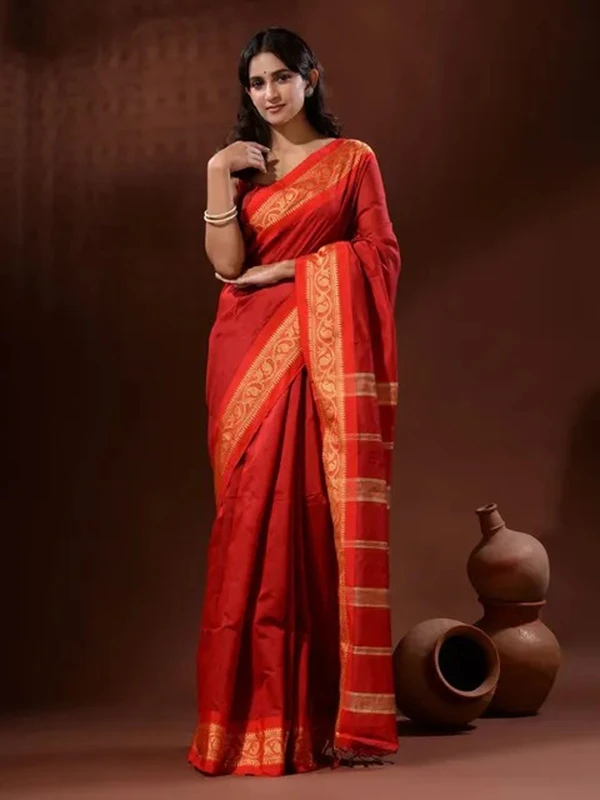 Handloom Naksha Border Cotton Silk Saree - Free, Red