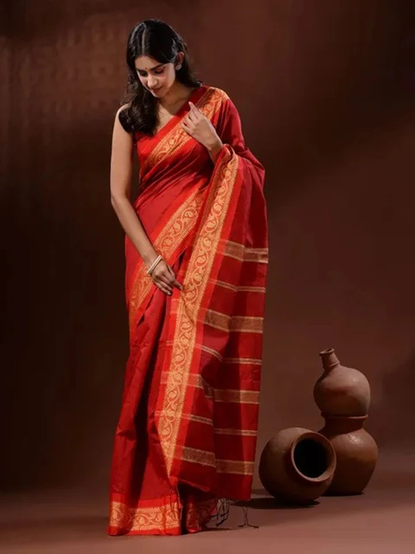 Handloom Naksha Border Cotton Silk Saree - Free, Red