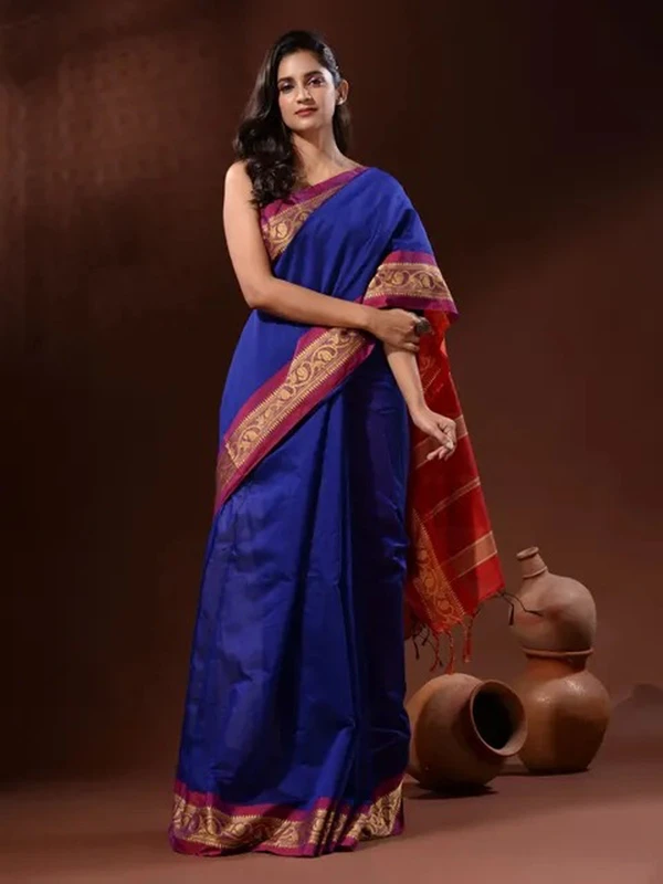 Handloom Naksha Border Cotton Silk Saree - Free, Blue