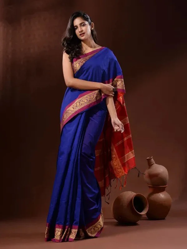 Handloom Naksha Border Cotton Silk Saree - Free, Blue