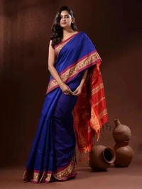 Handloom Naksha Border Cotton Silk Saree - Free, Blue