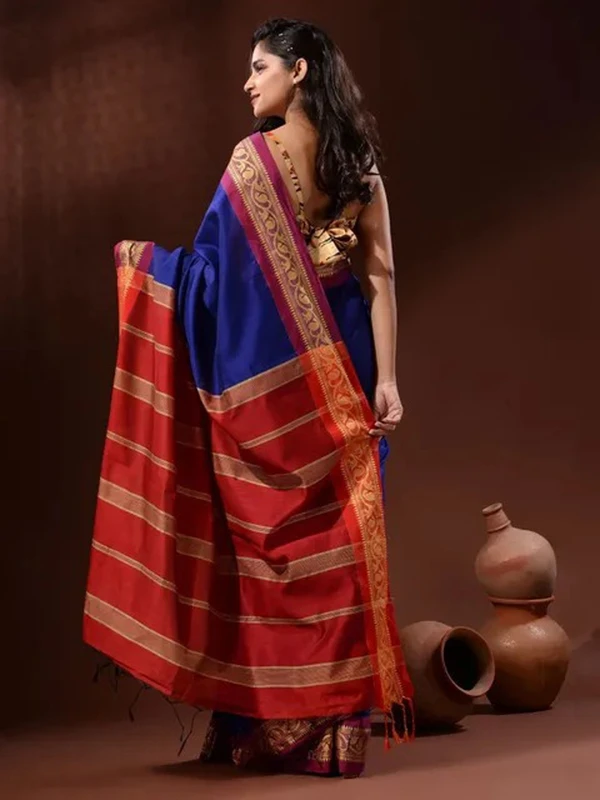 Handloom Naksha Border Cotton Silk Saree - Free, Blue