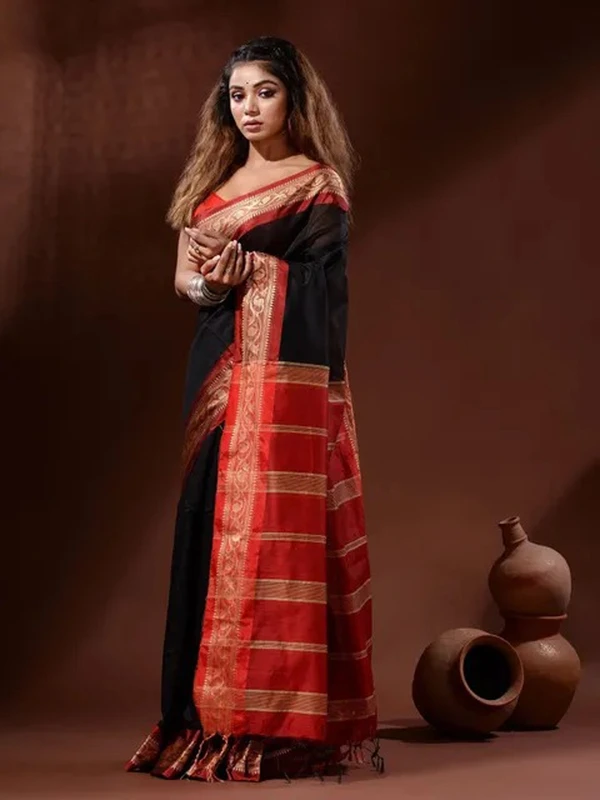Handloom Naksha Border Cotton Silk Saree - Free, Black