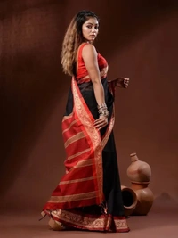 Handloom Naksha Border Cotton Silk Saree - Free, Black
