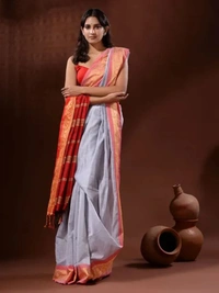 Handloom Naksha Border Cotton Silk Saree - Free, Silver