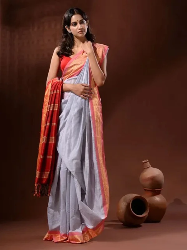 Handloom Naksha Border Cotton Silk Saree - Free, Silver