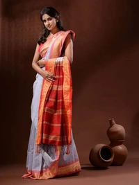 Handloom Naksha Border Cotton Silk Saree - Free, Silver