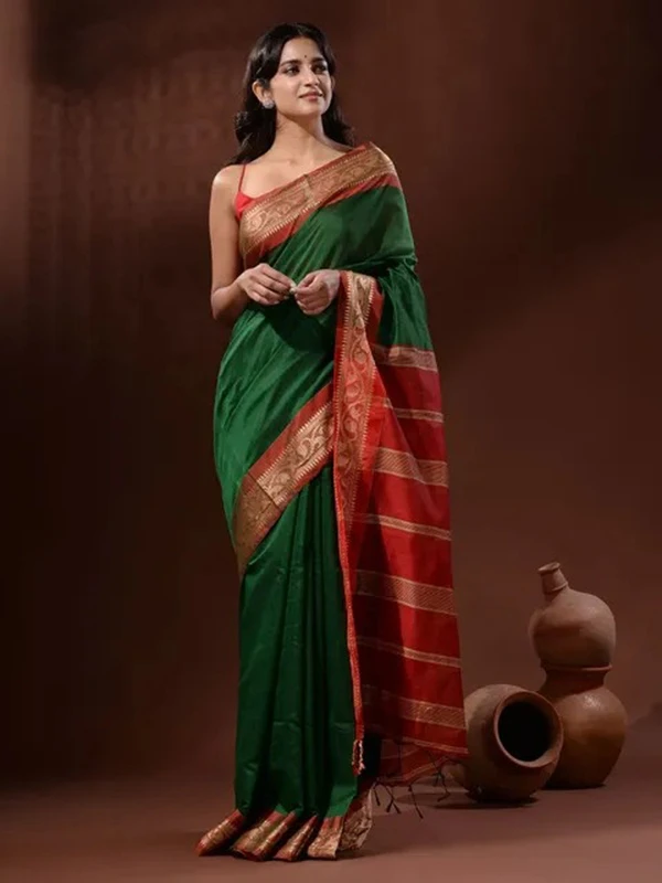 Handloom Naksha Border Cotton Silk Saree - Free, Deep Fir