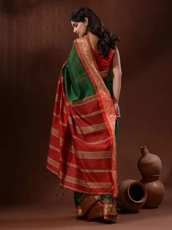 Handloom Naksha Border Cotton Silk Saree - Free, Deep Fir