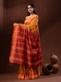 Handloom Naksha Border Cotton Silk Saree - Free, Alpine