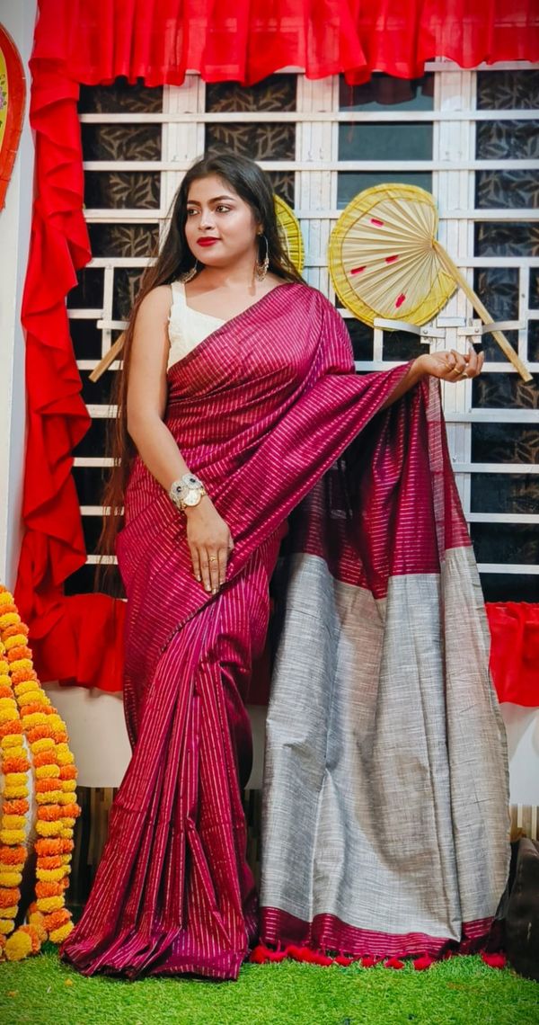 Handloom Zari Strip Gichha Pallu Saree - Camelot, Cotton (CK)