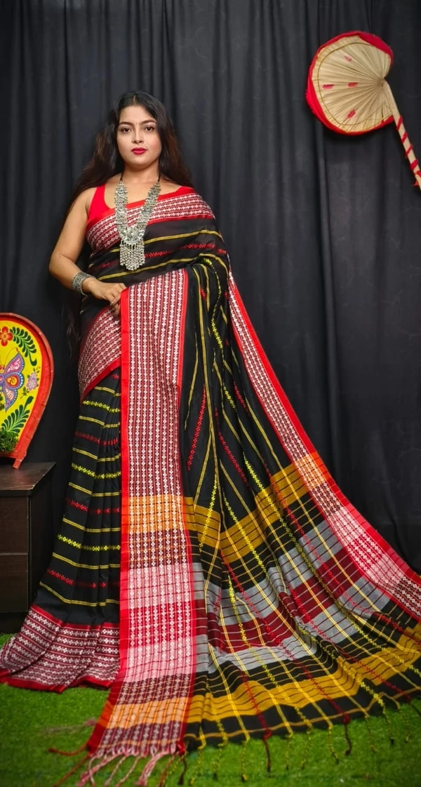 Handloom Dhanekhali Woven Cotton Saree - Free, Black