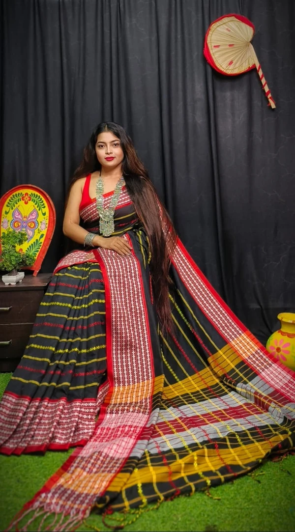 Handloom Dhanekhali Woven Cotton Saree - Free, Black