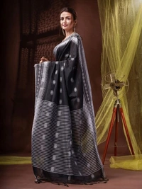 Handloom Floral Motive Border Saree - Black, Cotton, Cotton (CK)
