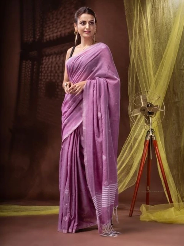 Handloom Floral Motive Saree - Violet Eggplant, Soft Cotton