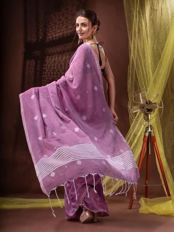 Handloom Floral Motive Saree - Violet Eggplant, Soft Cotton