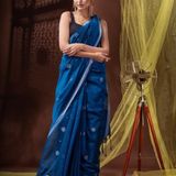 Handloom Floral Motive Saree - Blue, Soft Cotton