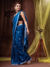 Handloom Floral Motive Saree - Blue, Soft Cotton